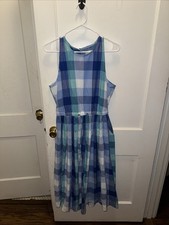 Loft Plaid Cutout Back Midi Pocket Dress In Blue Seersucker Women's Large Petit