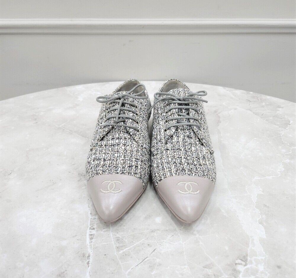 CHANEL CC Logo Tweed Lace-Up Loafers 79919875 | eBay