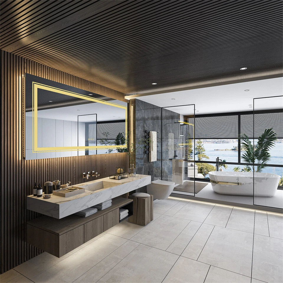 Espejo tocador de baño LED grande 60x31"" con luces delanteras + retroiluminado regulable HD Foto 4 de 4