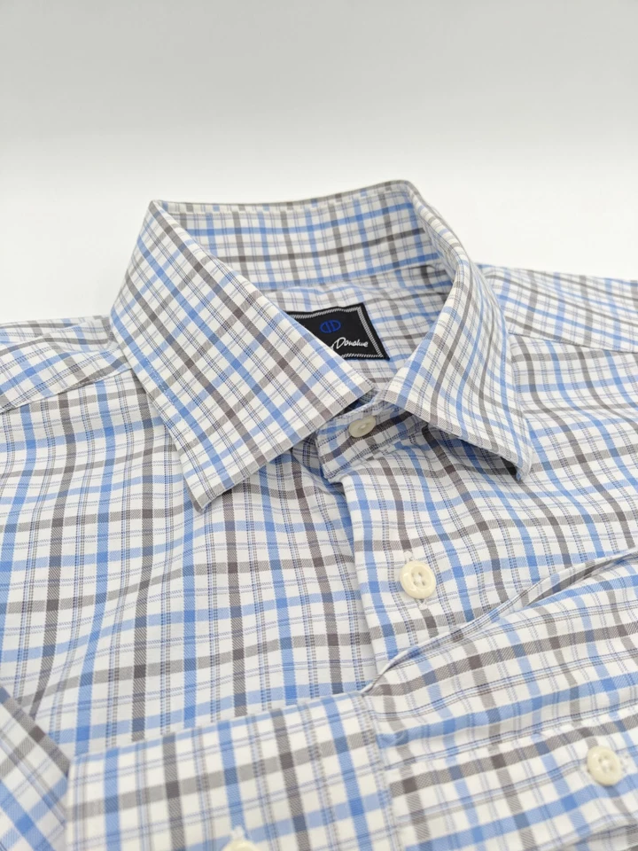 🇺🇲 Camisa de vestir David Donahue para hombre 16,5x35 azul gris a cuadros 100 % algodón  Foto 4 de 4