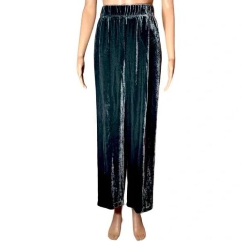 Eileen Fisher Women Pants Size XL Green Velvet Silk Blend Wide Leg Pull On Ankle