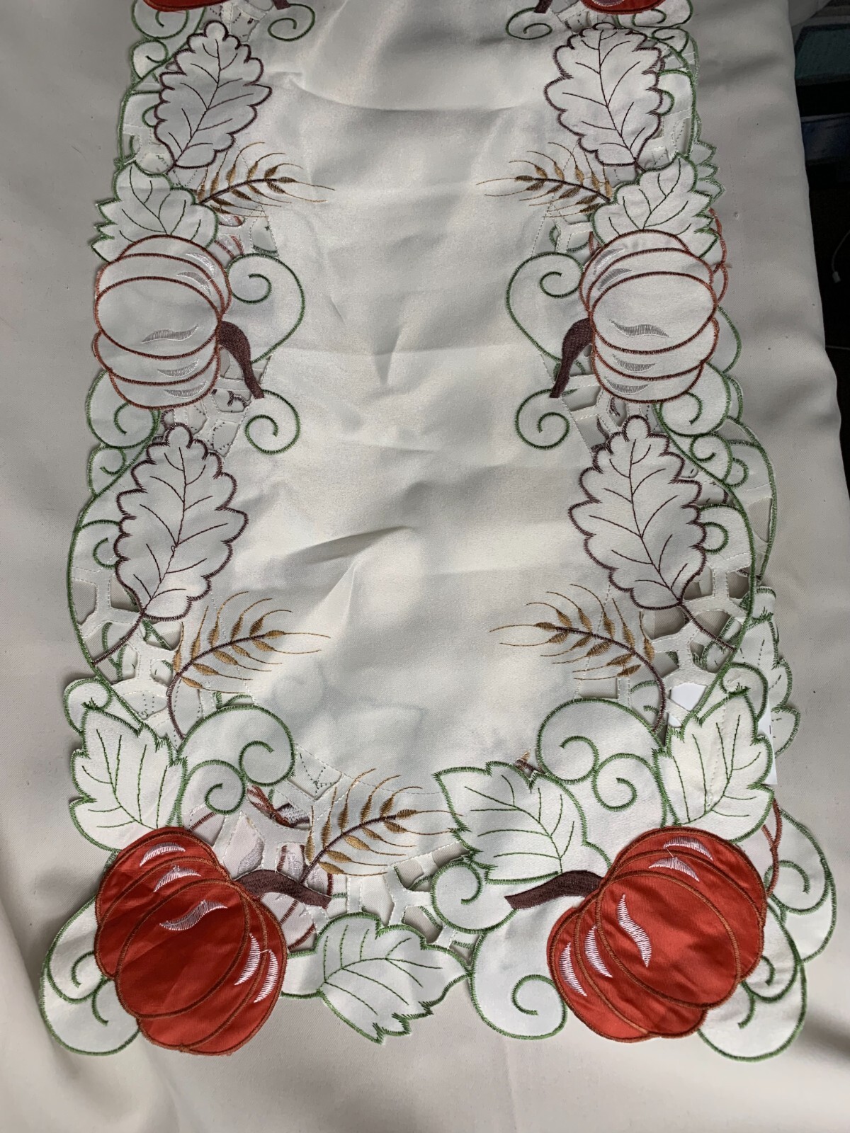 Fall White Orange Table Runner Fall PUMPKINS & LEAVES 13" X 68" WA04