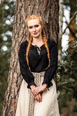 Mittelalter Wikinger LARP Bluse Bettina Spitze Baumwolle schwarz natur rot weiß