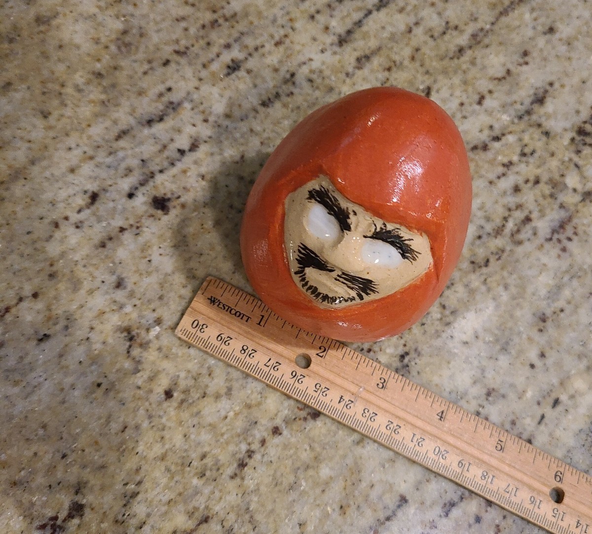 Daruma Japanese Orange Clay Man Figure Lucky Charm Mustache White