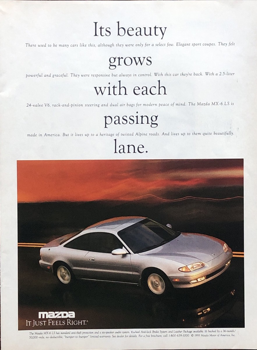 1994 Mazda MX6 PRINT AD Beauty Grows Each Passing Lane VTG 1990s