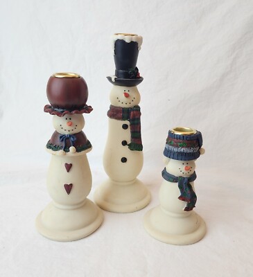 2000 Trio Taper Candle Holder Resin Snowmen Set of 3- Super Cute!