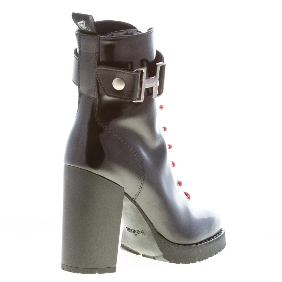 HOGAN scarpe donna H542 tronchetto pelle spazzolata nero con lacci H metal - Immagine 3 di 4