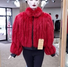 Red Dyed Fox Fur Corded Short 21" Jacket With Leather- Size 12
