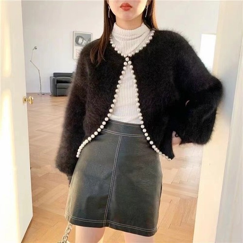 Damen Kunstfellpullover Strickjacke warmer Mantel flauschig Plüschtier Perle Puff Ärmel Strickjacke - Bild 1 von 25