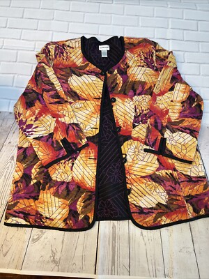 Chicos Reversable Quilted Jacket Size 3 US Size Large  Floral Orange Clean! LOOK