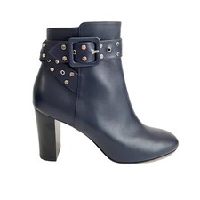 Jimmy Choo Hallie Leather Ankle Boots Size 39 Blue Silver Studded Buckle Zip