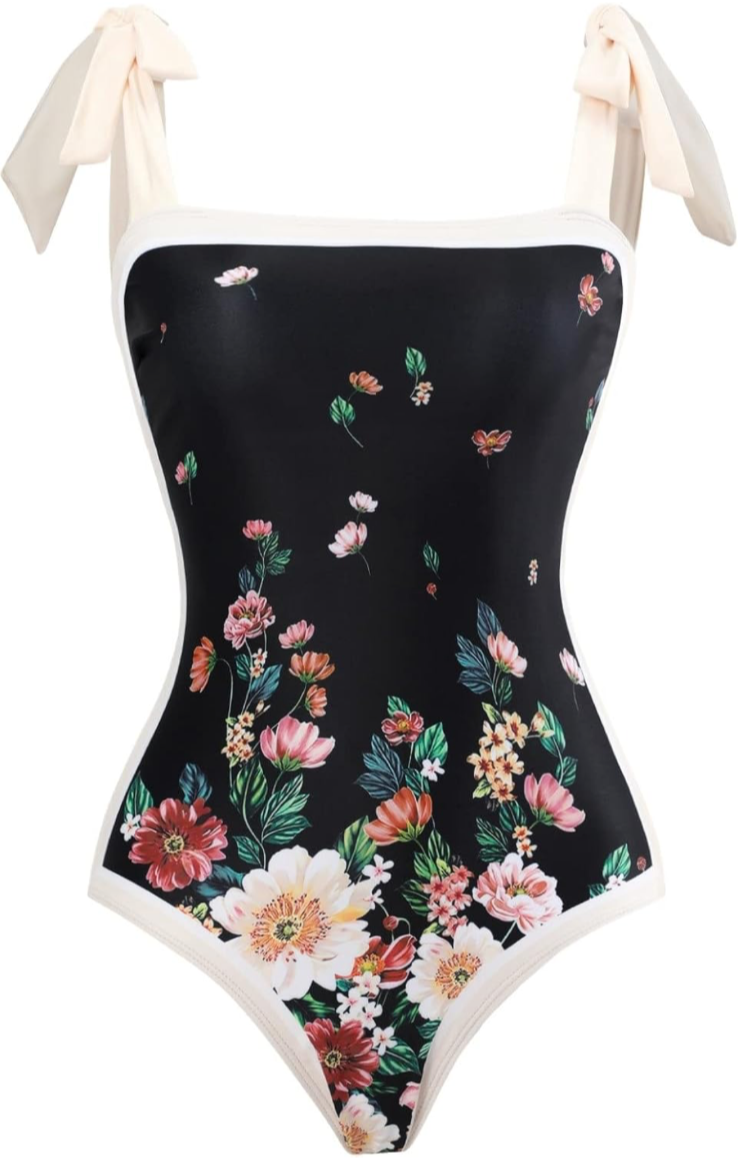 Womens Size Medium Tie Shoulder Square Neck Sexy Retro 1 Piece Swimsuit