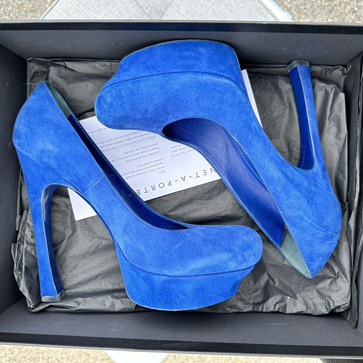 YSL Blue Suede Tribute Sapphire Blue Bottom Platform Heels Size 41