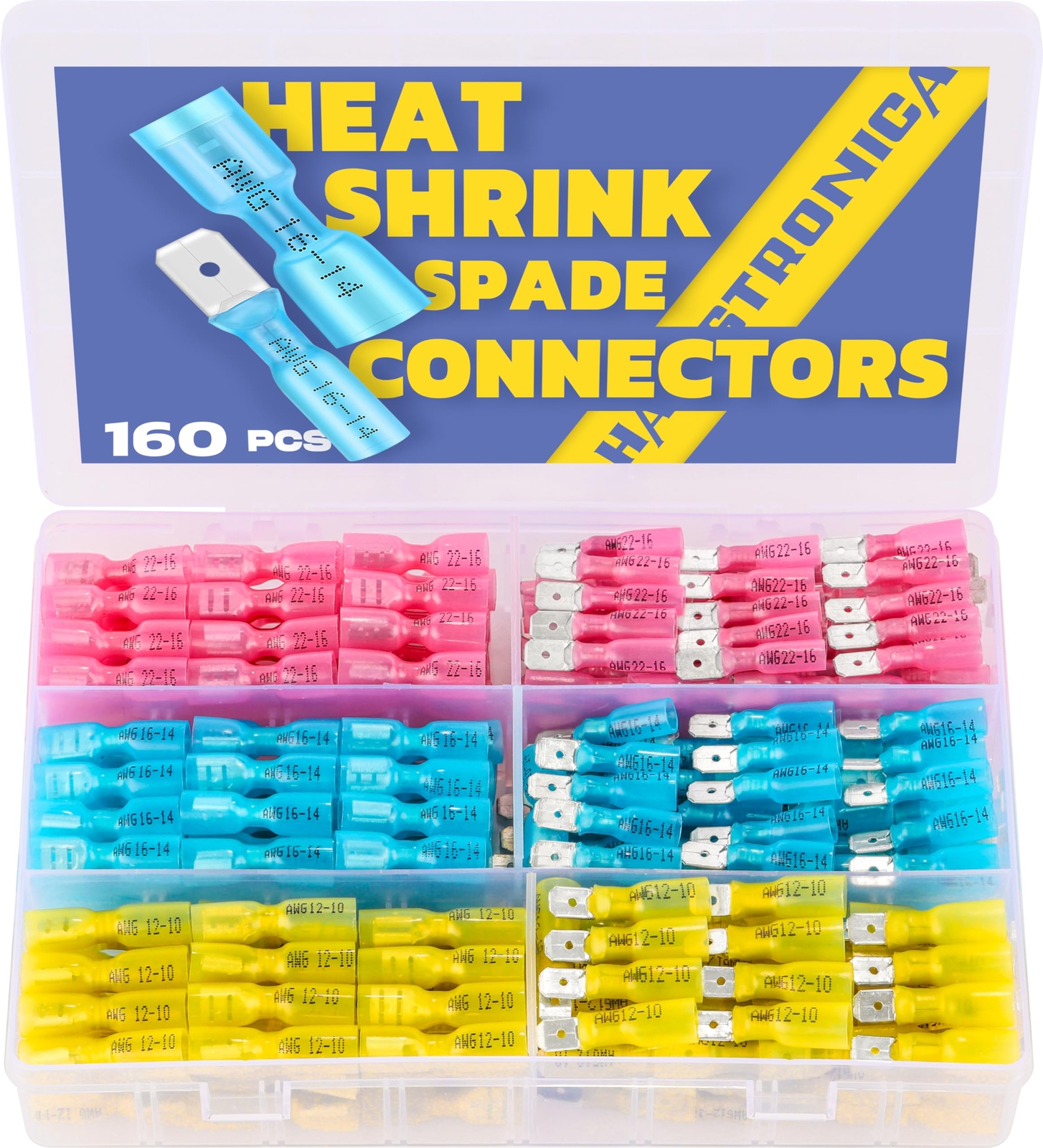 160pcs Heat Shrink Spade Connectors,AWG 22-10 Female and Male Wire Connectors...