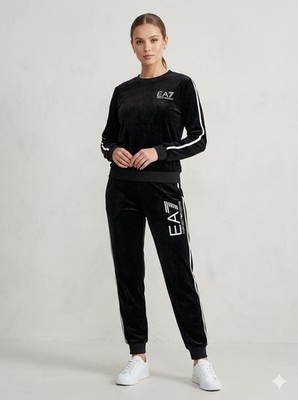 EA7 Emporia Armani Women s Black Velour Tracksuit Set Logo Sz. L Authentic NWT