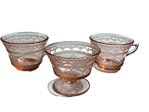 Vintage Lot 3 Pcs Pink Patrician Depression Glass Teacups Custard Cup