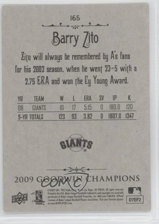 2009 Upper Deck Goodwin Champions Barry Zito #165 - Image 2 of 2