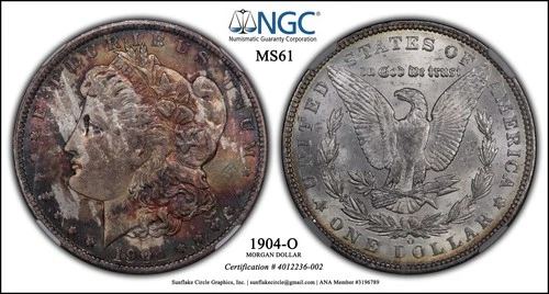 1904-O Morgan Silver Dollar NGC MS61 Dark + Colorful Toning on Obverse
