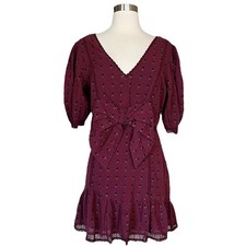 LOVESHACKFANCY Lena Dress Short Puff Sleeves Burgundy Floral Bow V-Neck Medium