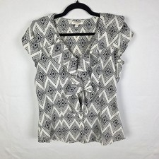 Banana Republic Womens Black White Geometric Diamond Ruffle V-Neck Blouse Medium