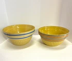 Pair of Antique Yellow Ware Mixing Bowls - Blue & Pink Stripes (10"+)