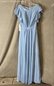 Azazie Women's Blue Flutter Sleeve Pleated Bodice Maxi Bridesmaid Dress NWT A8