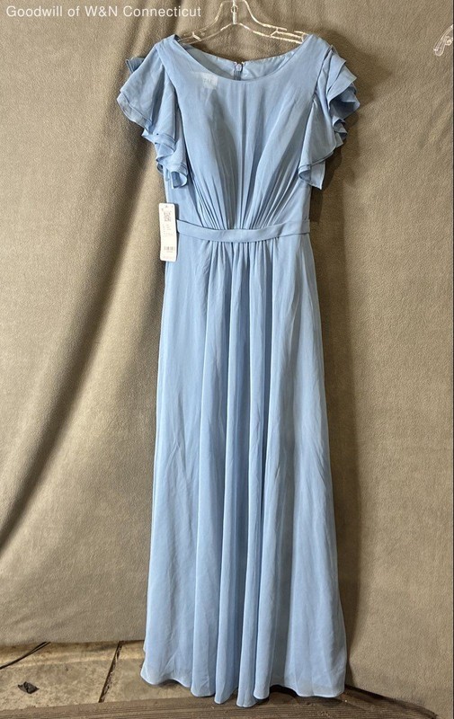 Azazie Women's Blue Flutter Sleeve Pleated Bodice Maxi Bridesmaid Dress NWT A8