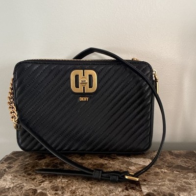 DKNY Women's Black Small Rectangle Crossbody Bag Zip Gold Chain Detachable