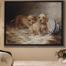 Cute Dog Oil Painting Canvas Print Vintage Art Decor Framed Puppy Wall Art
