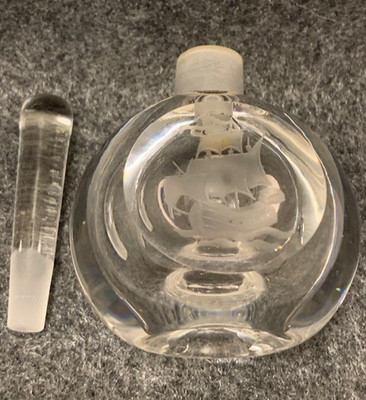Orrefors Perfume Bottle Etched Nautical Ship Signed Deco MCM Clear Crystal VTG