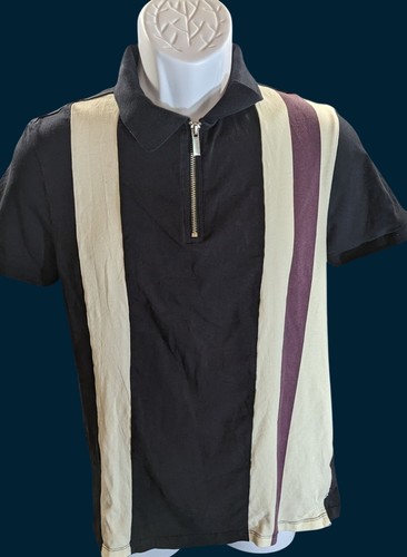 Primark Mens Medium Striped Zip Polo Shirt Black Beige Purple Short Sleeve