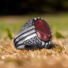 Turkish 925 Sterling Silver Handmade Jewelry Red Garnet Men's Ring Size 7-14