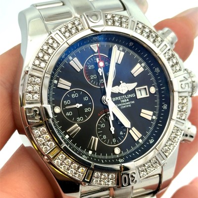 Breitling Super Avenger Chronograph Black Dial Diamond Stainless Steel Automatic