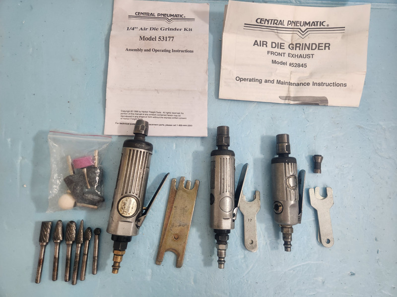 3 Central Pneumatic Die Grinders #s 53177, 47050, & 52845 With Selection of Bits