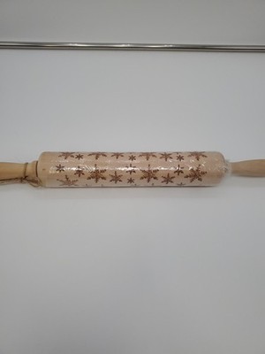 Christmas Rolling Pin Wood Carved Snowflakes 17'' Cookie Dough Holiday Baking