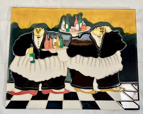 Vtg Wine Waiters hand painted ceramic art tile 11 x 14 Kitchen Wall Art Plaque - Picture 2 of 5