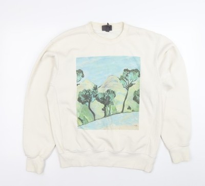 H&M Pullover Sweatshirt Damen Elfenbein XS Oversized Fit mit Kunstdruck