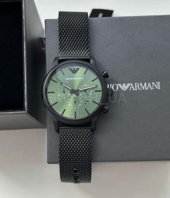 EMPORIO ARMANI LUIGI CHRONOGRAPH AR11470 GREEN DIAL BLACK MESH BAND MENS WATCH