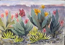 7X10” Original Watercolor Pamela Wilhelm Desert Flowering Fantasy Red Cliffs