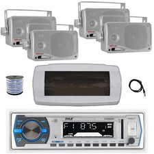 Pyle Bluetooth Marine Radio, Cover, Antenna,Wire, 4x 3.5'' 200W Speaker Silver