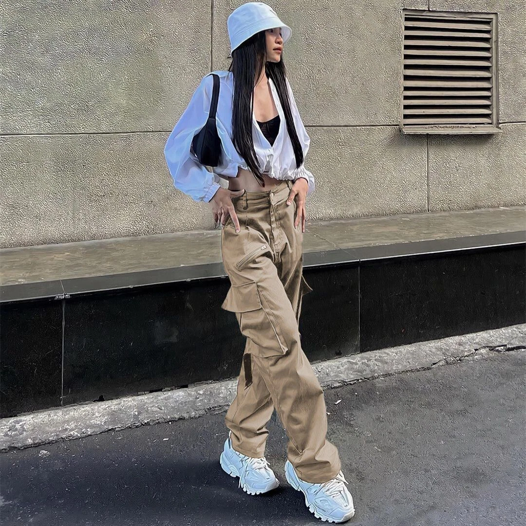 Women High Waist Pocket Pants Vintage Casual Baggy Cargo Pants Bottom  Sweatpants