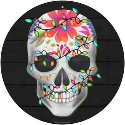 Calavera with Lights Novelty Round Circular Metal Sign 8'' Home Garage Wall