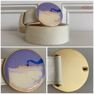 Authentic Louis Vuitton Cream Canvas Leather Boat Cruise Buckle Belt Size 95/38 Authentic Louis Vuitton Cream Canvas Leather Boat Cruise  main image 4