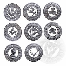 KILT FLY PLAID BROOCH LARGE WITH SCROLLING THISTLE BORDER VARIOUS DESIGNS-Tc