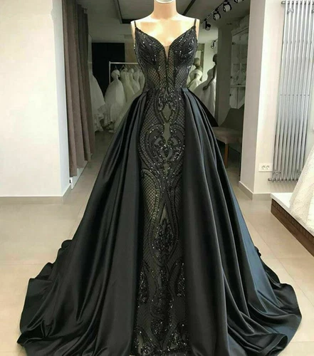 Gorgeous Mermaid Gothic Black Wedding Dress Detachable V Neck Satin Bridal Gown - Picture 3 of 6