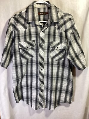 Roper Black Plaid Large Short Sleeve Cotton Blend Western Snap Down Shirt B18