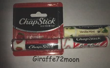 LOT OF 3 CHAPSTICKS ~ 1-STRAWBERRY 1-CANDY CANE & 1-VANILLA MINT ~ NEW
