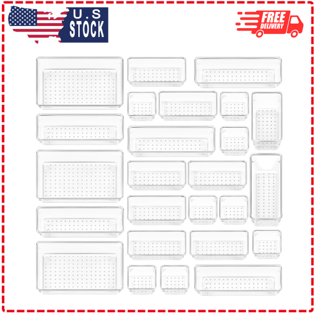 Vtopmart 25-Piece Clear Plastic Drawer Organizer Set in 4 Sizes for Storage