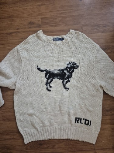 Vintage 2001 Polo Ralph Lauren Pullover! L Creme mit Hund Design Handstrick