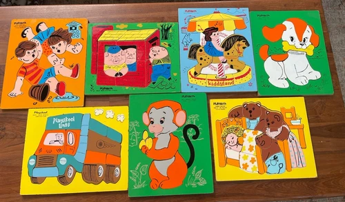 Vintage Playskool Puzzles Lot Of 7  Wooden puppy monkey truck fairy tales